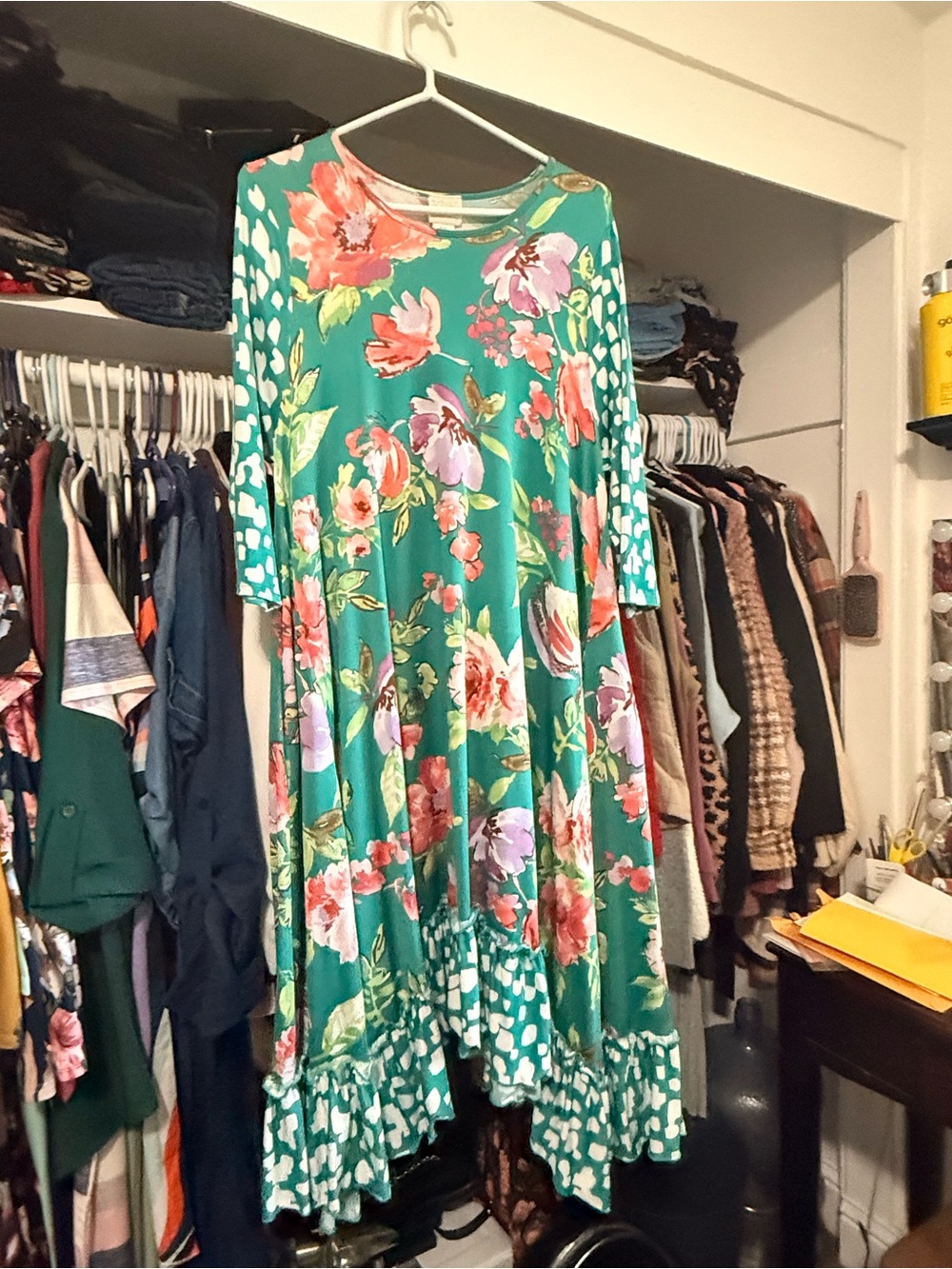 Teal Green Floral Maxi Dress with Ruffled Hem - Women's Flowing Floral Print